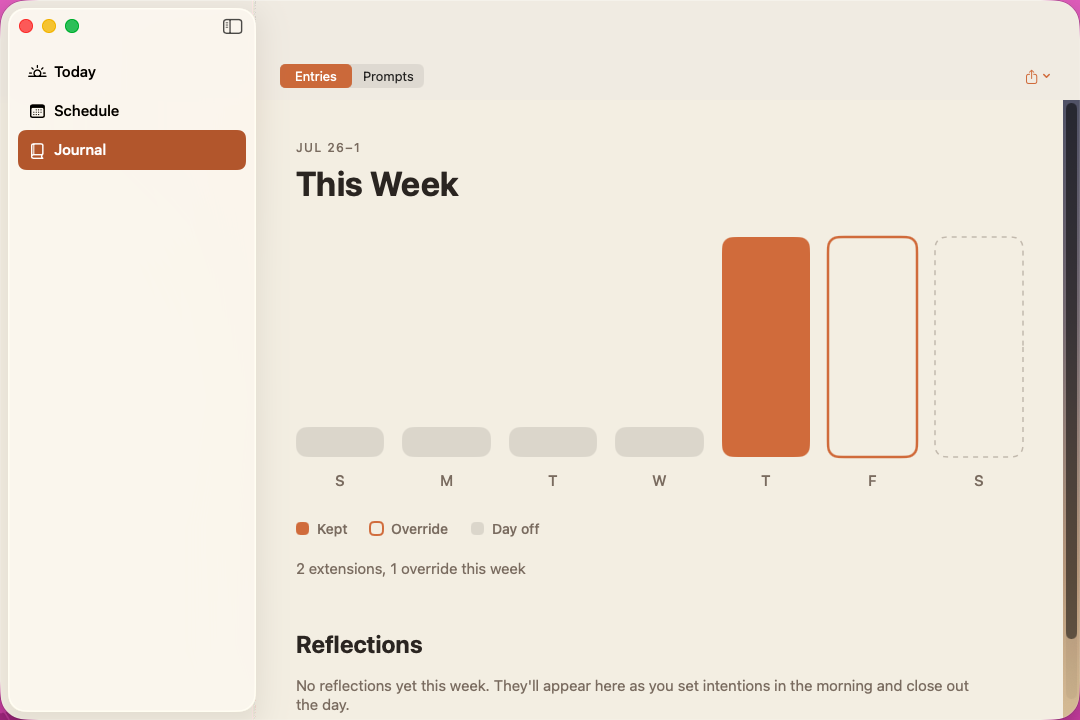 Curfew's Journal view showing a week of kept days, overrides, and reflection history.