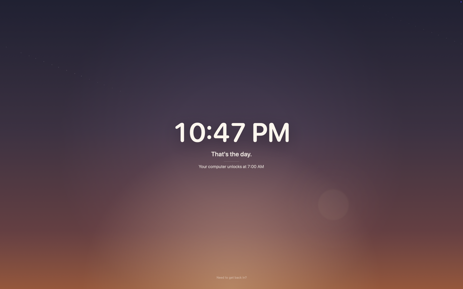 The Curfew lockout overlay, showing the time, an unlock time, and a prompt for getting back in.