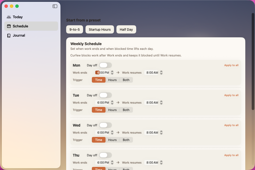 Curfew's weekly schedule editor with per-day work end and resume times, day-off toggles, and schedule presets.